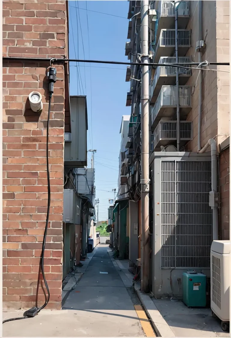 Narrow urban alleyway between two brick buildings, AI generated image using stable diffusion.