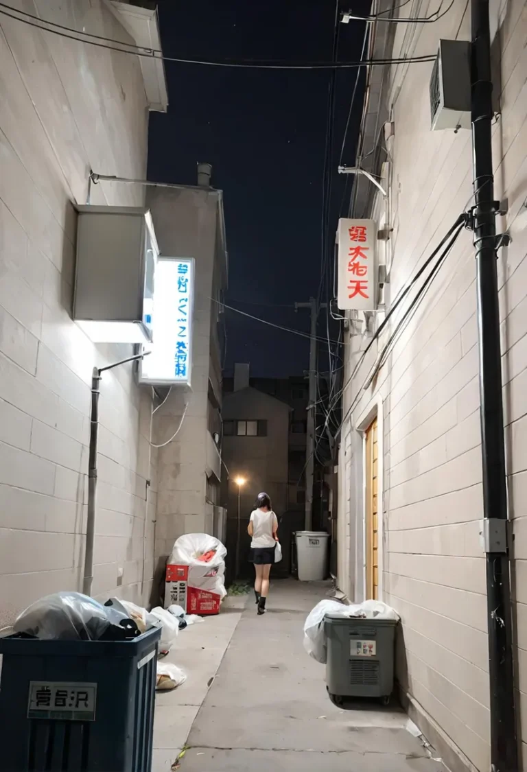 Urban alley at night with a person walking away, AI generated using Stable Diffusion.