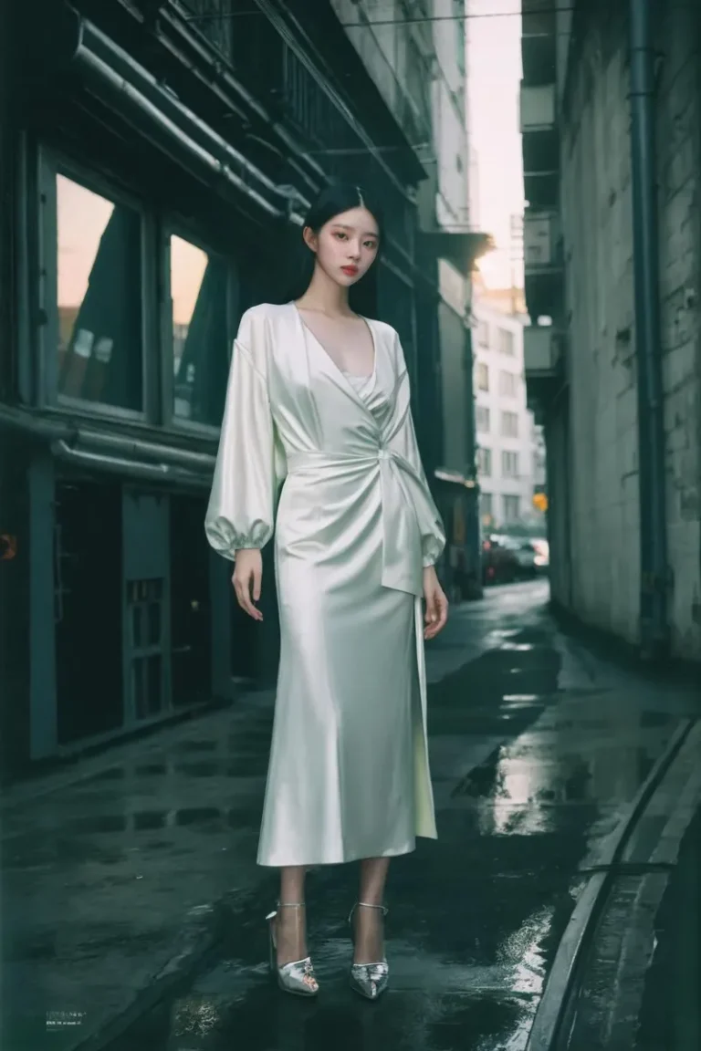 A tall woman in a white silk dress with long sleeves and a cinched waist, standing in an urban alleyway. This is an AI generated image using stable diffusion.