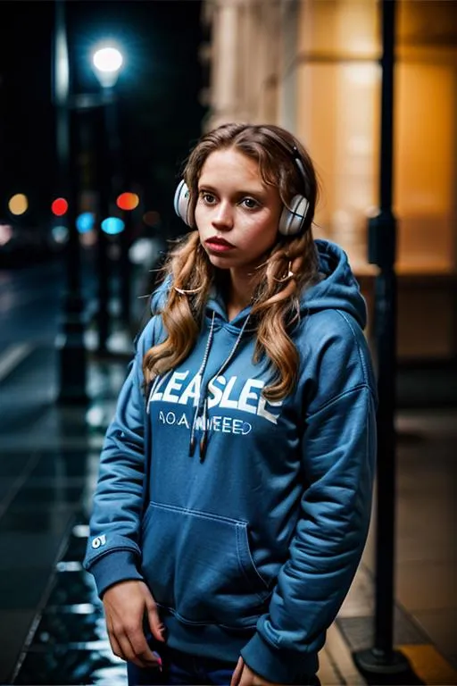 A young woman in a blue hoodie with headphones at night on a city street. AI generated image using Stable Diffusion.