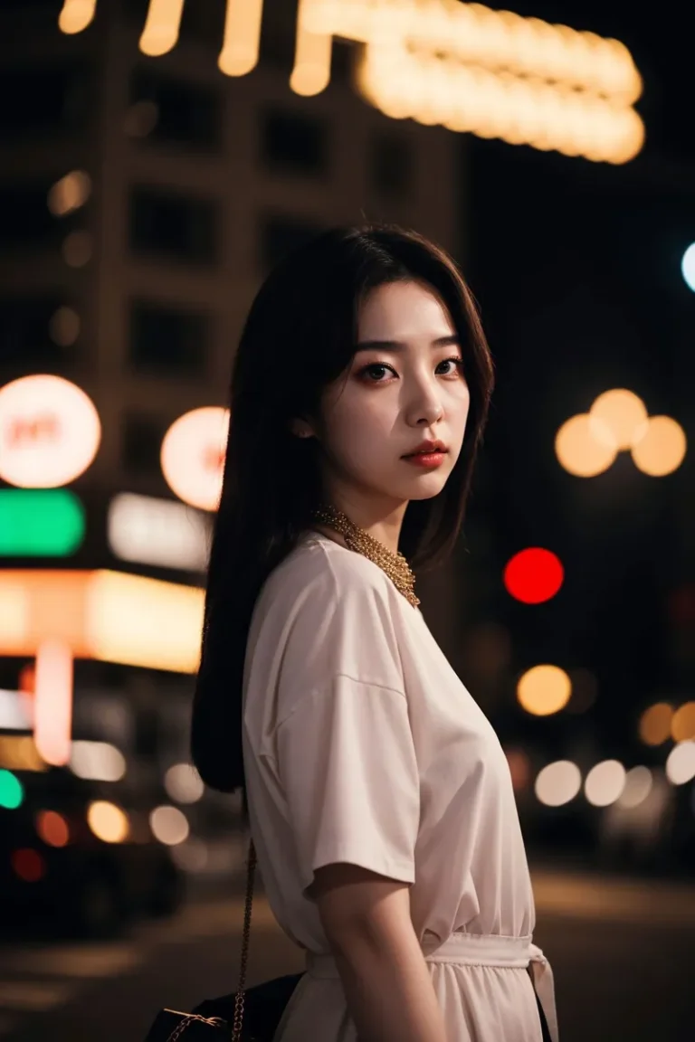 A young woman with long dark hair wearing a white shirt, standing in a city street at night with blurred city lights in the background. This is an AI generated image using stable diffusion.