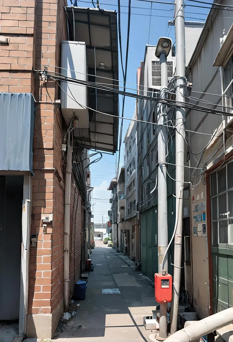 Narrow urban alley with buildings on both sides, electrical poles, and wires. AI generated image using Stable Diffusion.