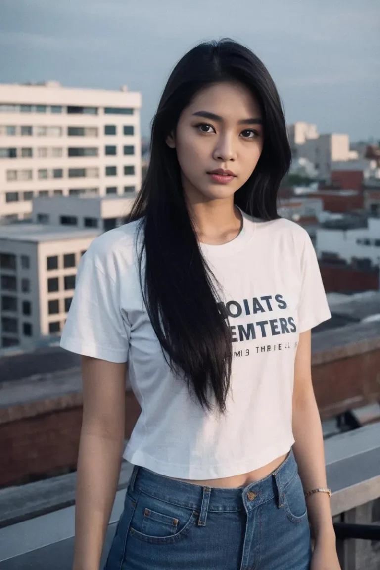 AI generated image of a young woman with long black hair, wearing a white graphic t-shirt and blue jeans, standing on an urban rooftop, created using stable diffusion