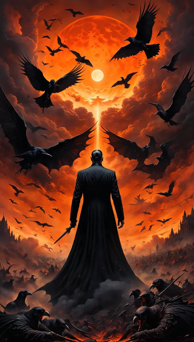 A dramatic AI generated image using stable diffusion, depicting a male vampire lord dressed in a black cloak, standing against a massive orange full moon. A horde of bats and crows surround him in a fiery, apocalyptic background with dark gothic castles.