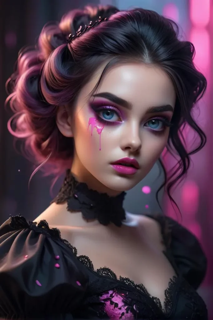 A vibrant gothic woman with striking blue eyes and a pink tear on her cheek. This AI generated image was created using Stable Diffusion.