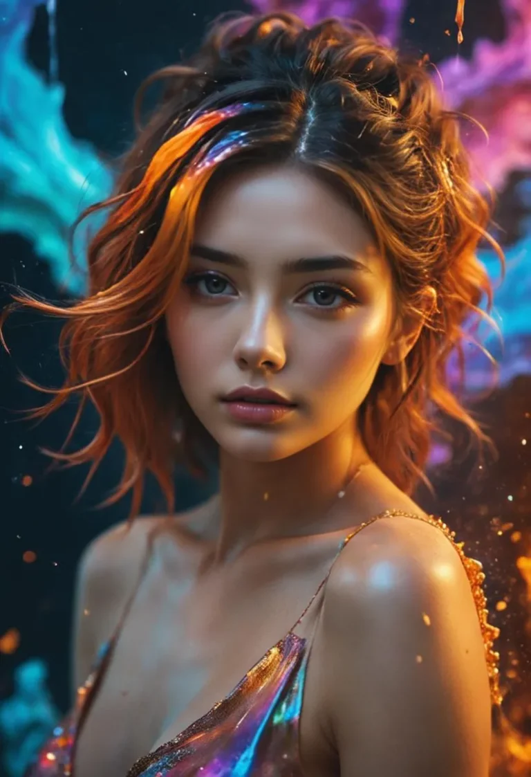 Vibrant portrait of a colorful woman with intricate hairstyle and vibrant colors around, emphasizing the AI generated image using stable diffusion.