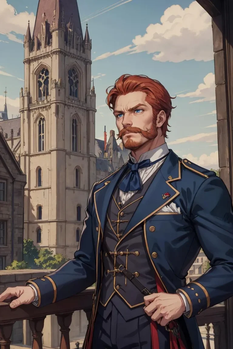 A detailed portrait of a Victorian gentleman with red hair and mustache, dressed in an elegant blue suit, standing on a balcony with a historical cathedral in the background. This is an AI generated image using stable diffusion.
