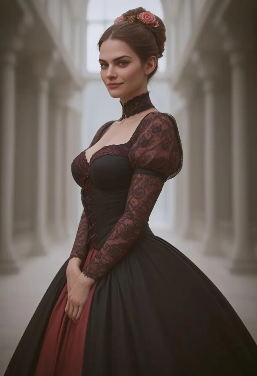 Victorian woman wearing a black and red elegant dress with lace details in a high-ceilinged, columned hallway. AI generated image using stable diffusion.