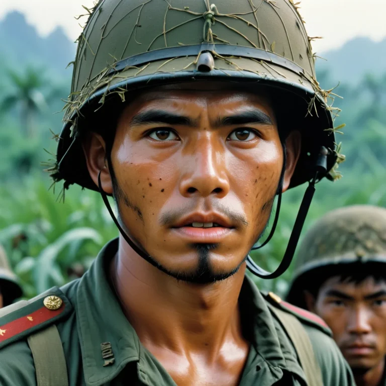 Close-up portrait of a soldier during the Vietnam War, dressed in uniform and helmet. AI generated image using Stable Diffusion.