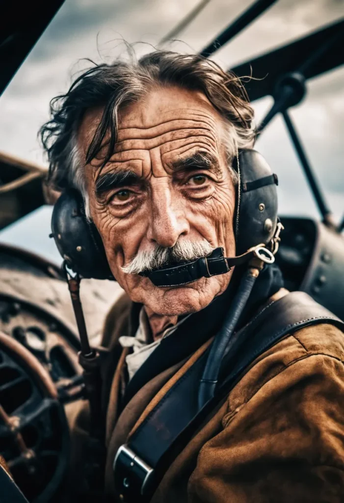A vintage aviator with a stern expression, wearing aviator headphones and a leather jacket, in the cockpit. Emphasizes the wrinkles and character in his face. AI generated image using Stable Diffusion.