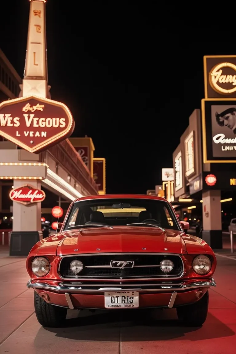 This is an AI generated image using stable diffusion showing a vintage red Mustang car parked on a brightly lit street in Las Vegas at night.