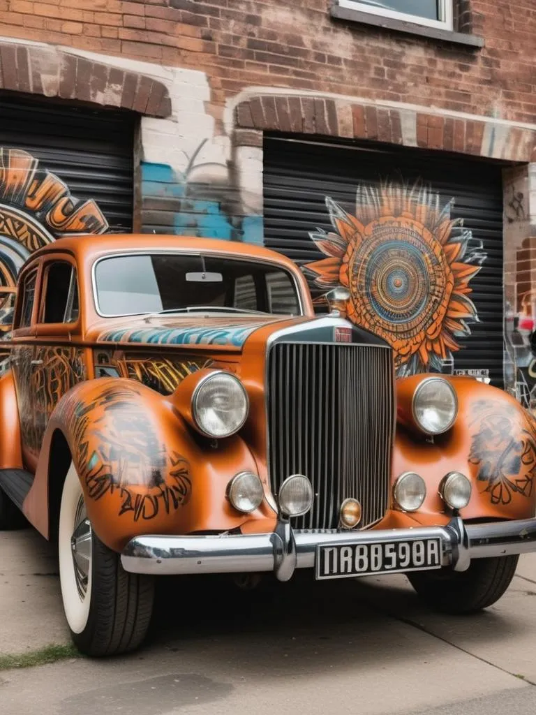 A vintage car decorated with street art parked in front of a graffiti-covered brick building, AI generated using Stable Diffusion.