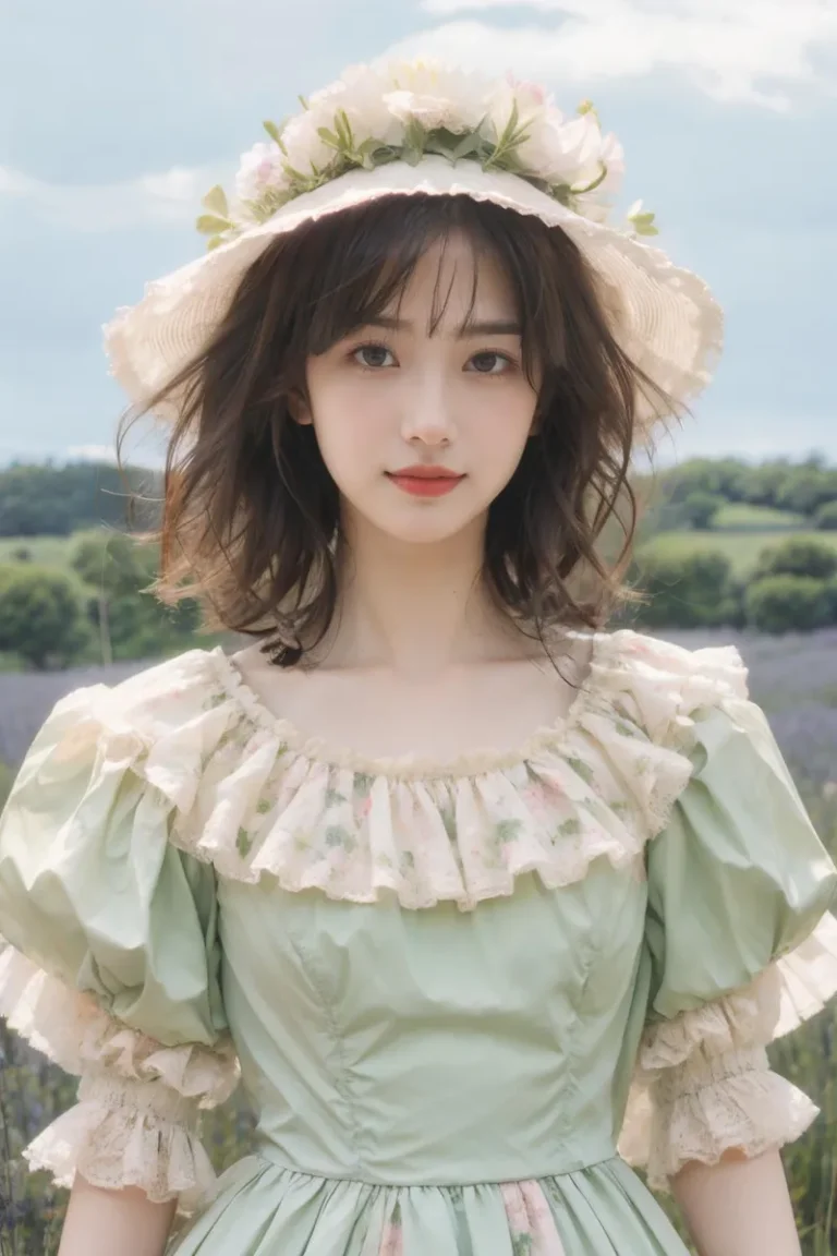 A vintage-style woman in a green dress with floral accents, wearing a large hat adorned with flowers, standing in the countryside. AI generated image using Stable Diffusion.