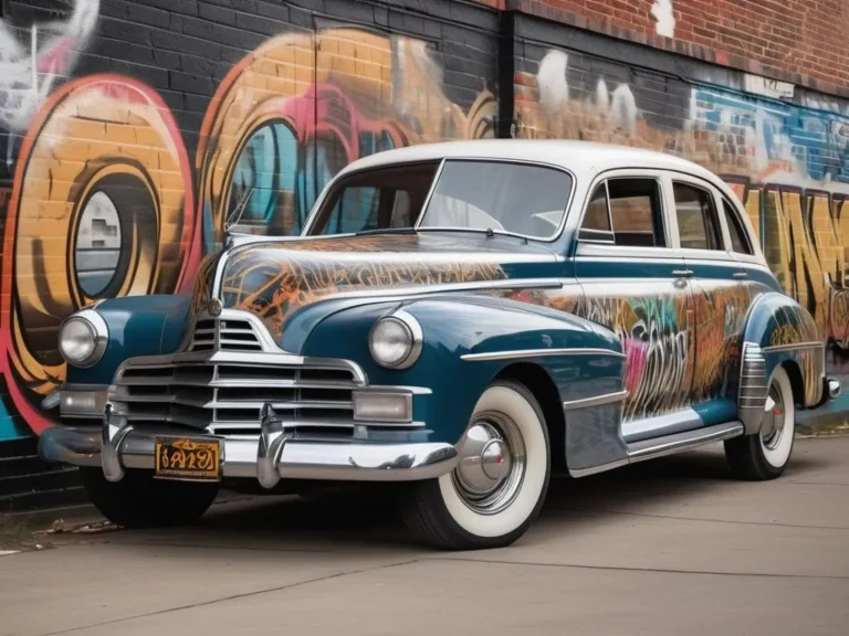 A classic vintage car parked against a vibrant graffiti wall, created with AI and Stable Diffusion.