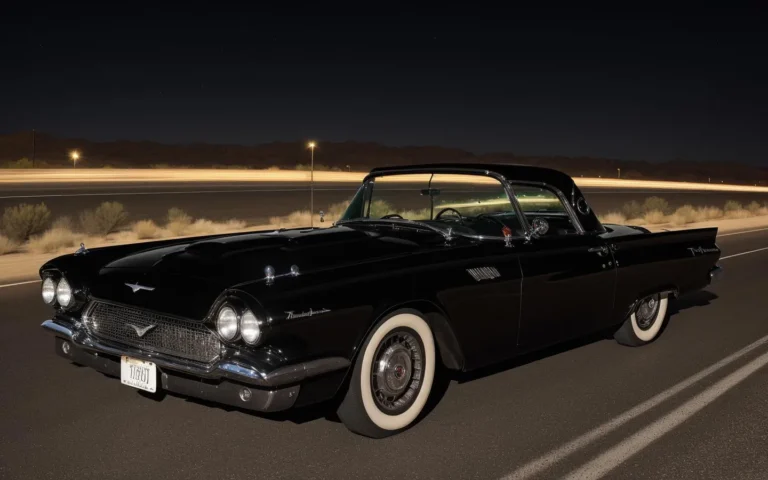 Vintage car driving at night on an empty road with long exposure light trails, generated using Stable Diffusion AI.