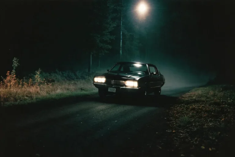 A vintage car with headlights on, driving on a dark and foggy road, surrounded by trees and illuminated by a single street lamp. This is an AI generated image using stable diffusion.