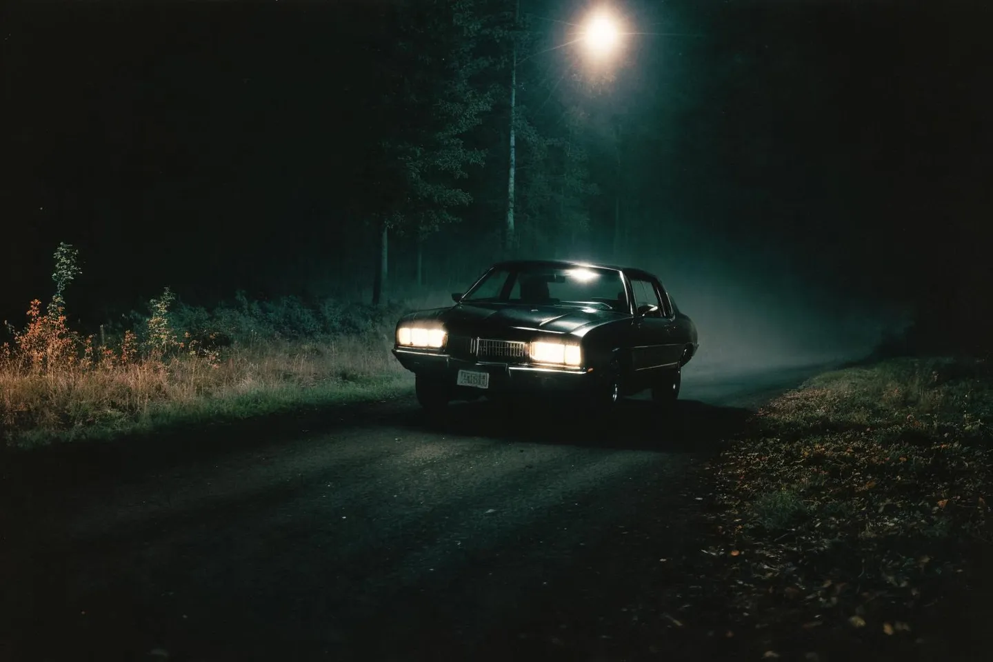 A vintage car with headlights on, driving on a dark and foggy road, surrounded by trees and illuminated by a single street lamp. This is an AI generated image using stable diffusion.