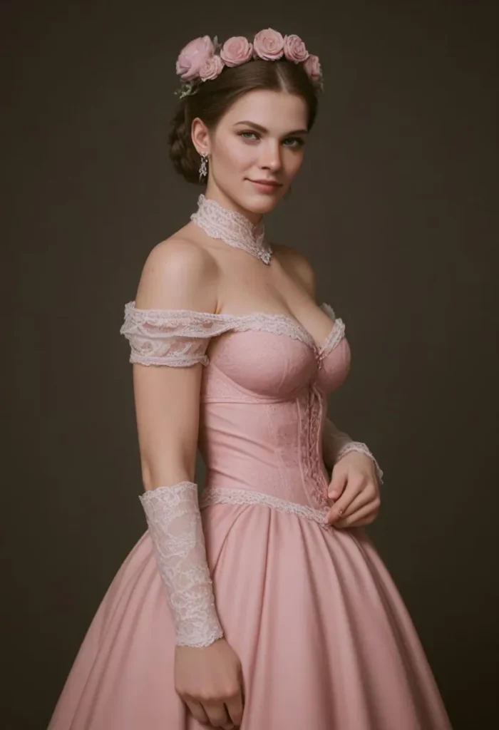 Portrait of a woman in a vintage pink dress with lace details, wearing a pink floral crown. AI generated image using Stable Diffusion.