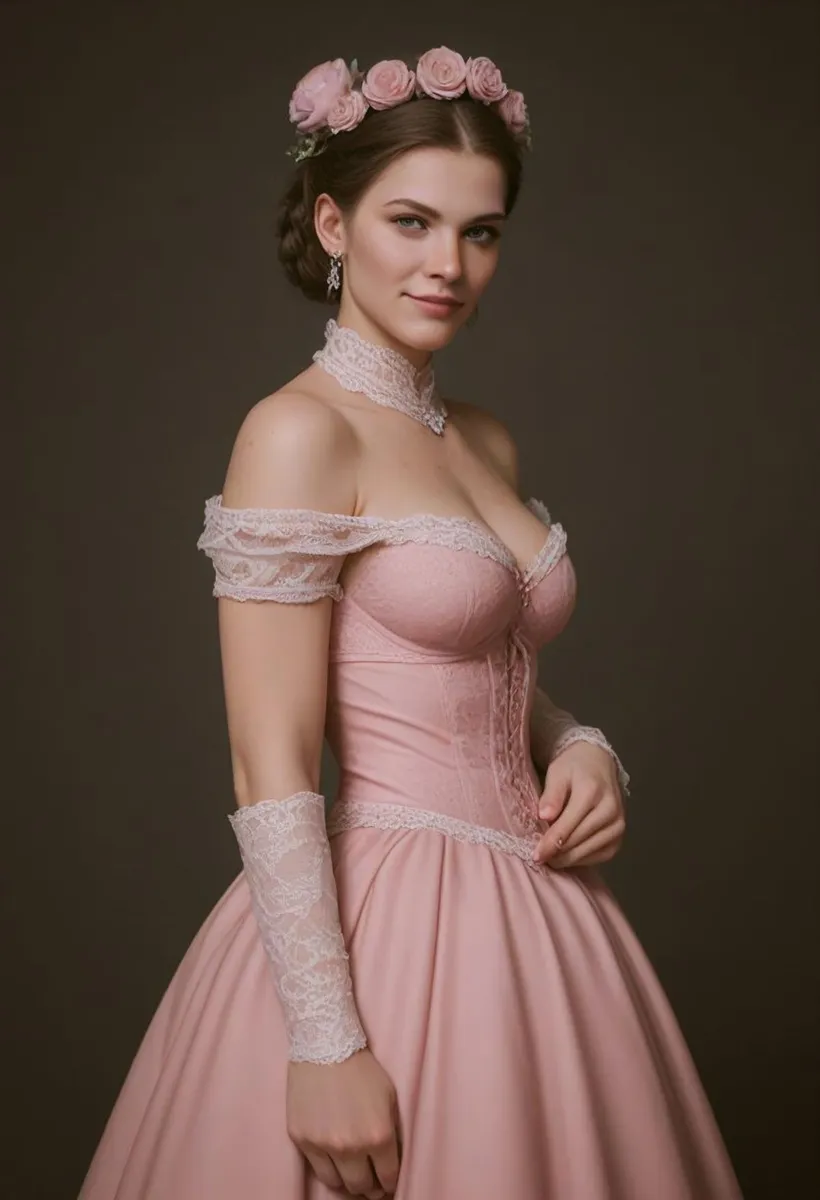 Portrait of a woman in a vintage pink dress with lace details, wearing a pink floral crown. AI generated image using Stable Diffusion.