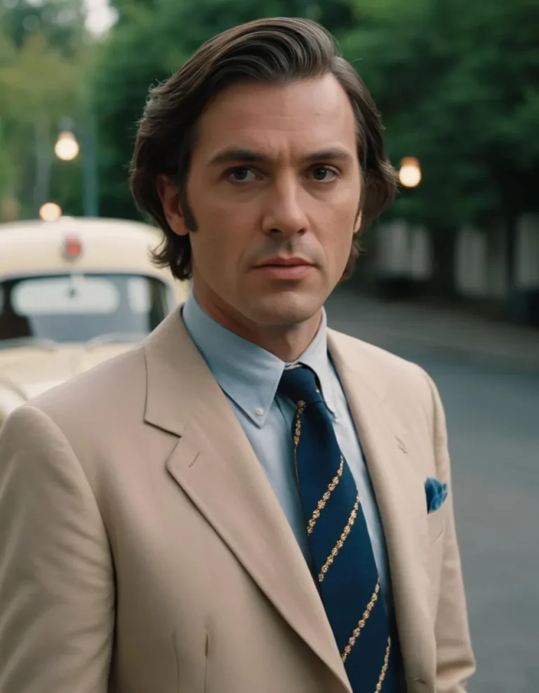 A man in a beige suit, blue shirt, and patterned tie stands in front of a vintage car. AI-generated image using Stable Diffusion.