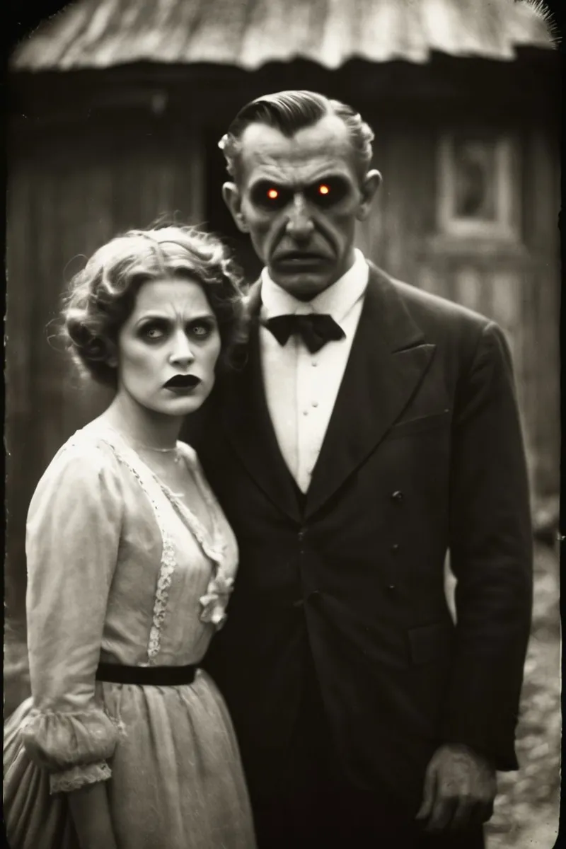 A haunted couple in vintage attire with eerie expressions and glowing red eyes, emphasized in an AI generated image using stable diffusion.