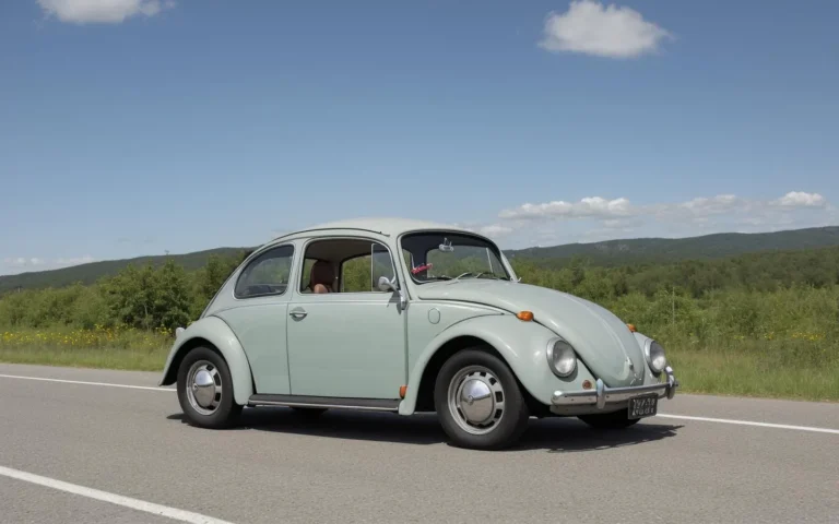 Classic Volkswagen Beetle car driving on an open road amidst scenic green hills and clear, blue sky. AI-generated image using Stable Diffusion.