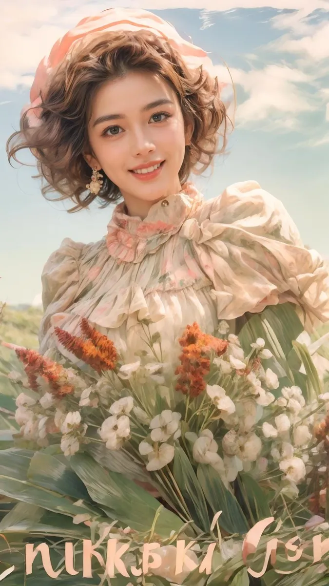 A vintage-dressed woman with short curly hair in a light pastel-colored gown holding a bouquet of flowers; this is an AI generated image using Stable Diffusion.