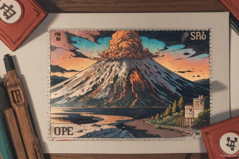 AI generated image of a detailed illustration of a volcano erupting, presented as a postage stamp, created with Stable Diffusion.
