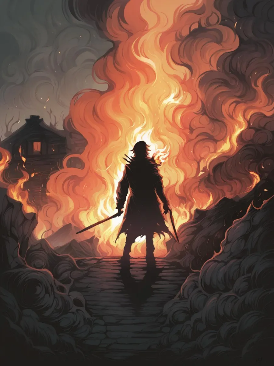 A warrior in silhouette stands in front of roaring flames engulfing a village, AI generated image using Stable Diffusion.