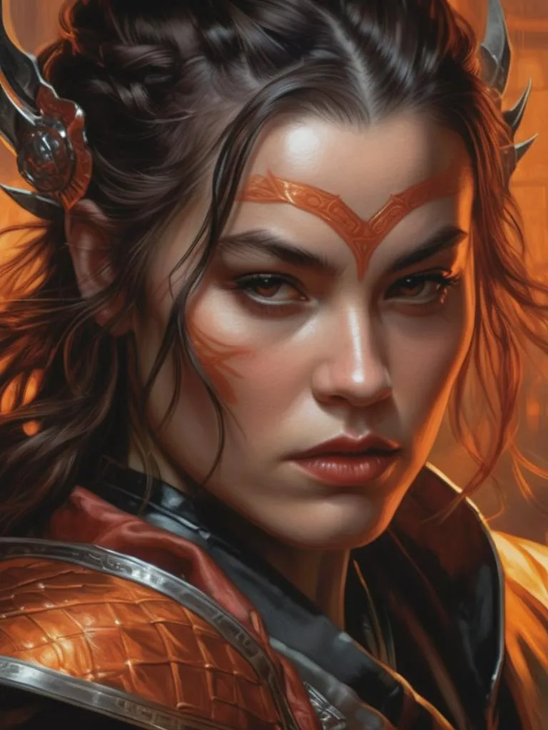 A close-up of a fierce warrior woman in intricate fantasy armor, rendered in AI using Stable Diffusion.