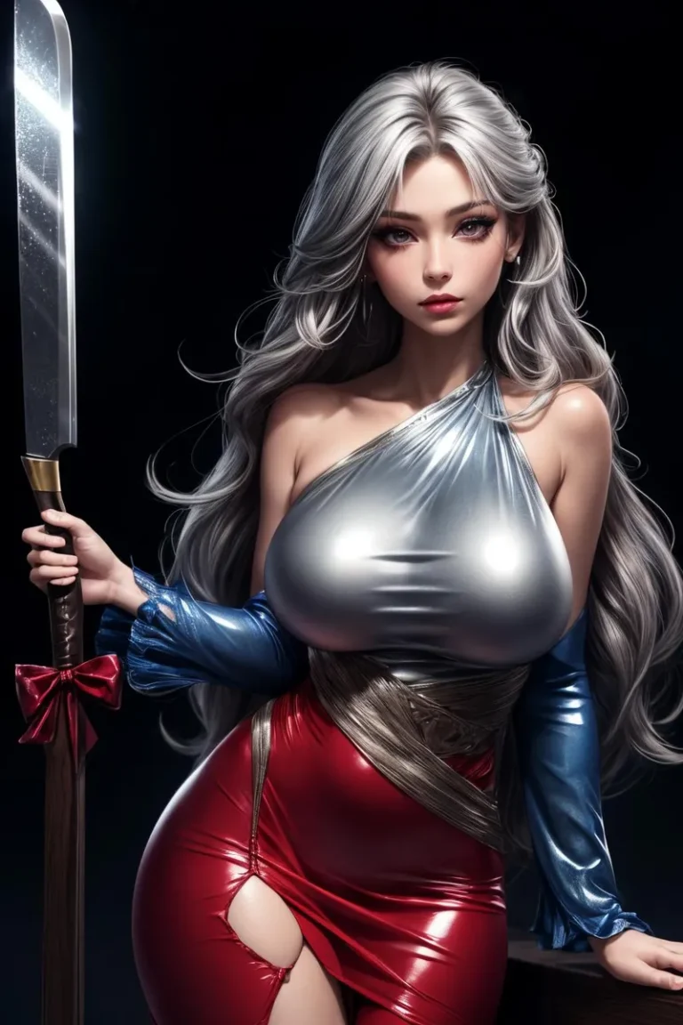 AI generated image of a warrior woman with long silver hair, wearing a shiny, one-shoulder metallic costume, holding a large sword. Created using Stable Diffusion.