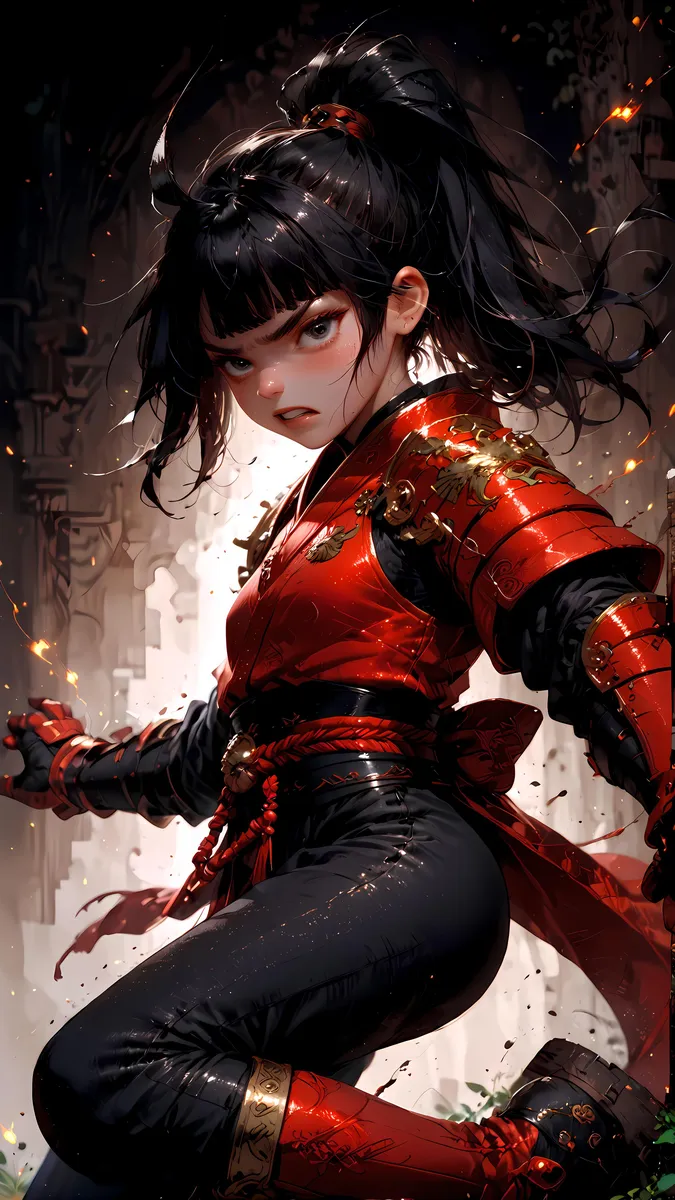 Anime style warrior woman wearing red samurai armor. AI generated image using Stable Diffusion.