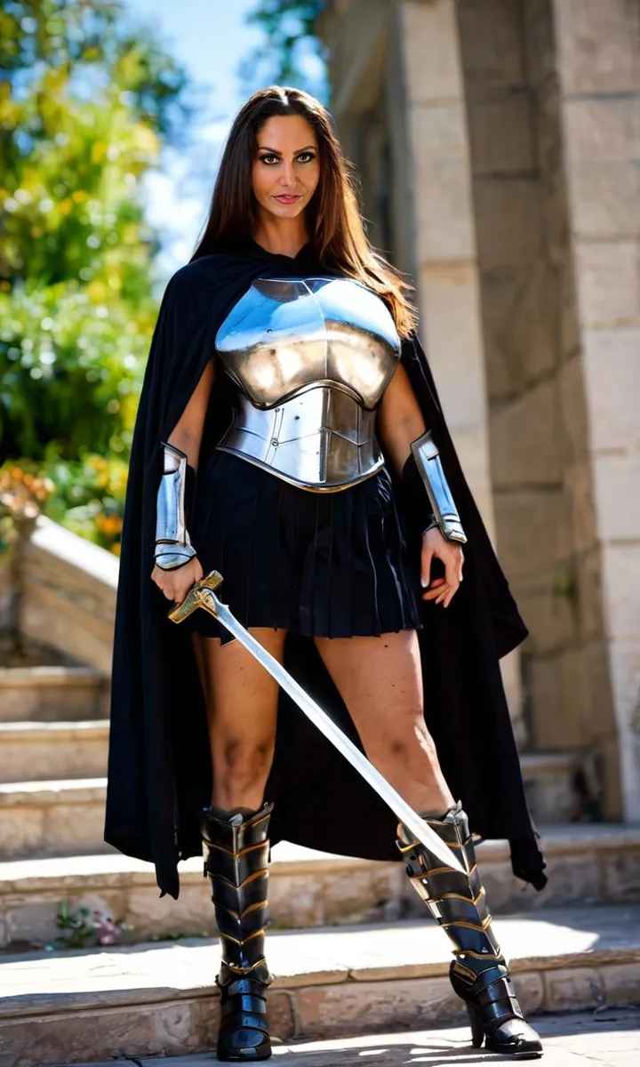 A fantasy warrior woman wearing a gleaming metallic armor and black cape, holding a sword. This is an AI generated image using stable diffusion.