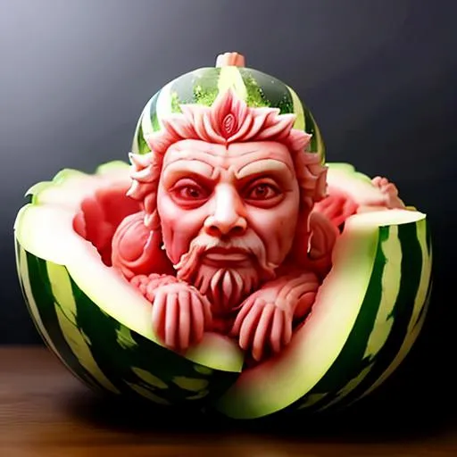 Intricate sculpture carving of a face emerging from a watermelon, AI generated using Stable Diffusion.