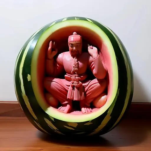 A unique AI generated image using Stable Diffusion of a watermelon carved into the shape of a monk sitting in a meditative pose.