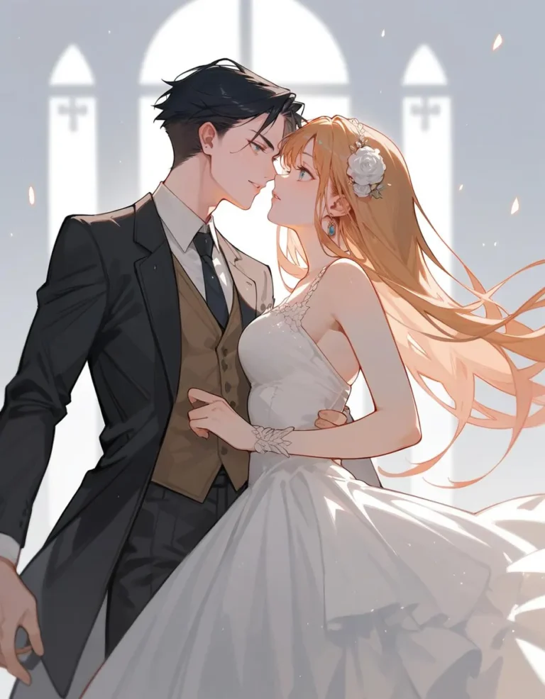 AI generated image, created with stable diffusion, of a romantic anime couple at their wedding, with the bride in a white dress and the groom in a black suit, sharing an intimate moment.