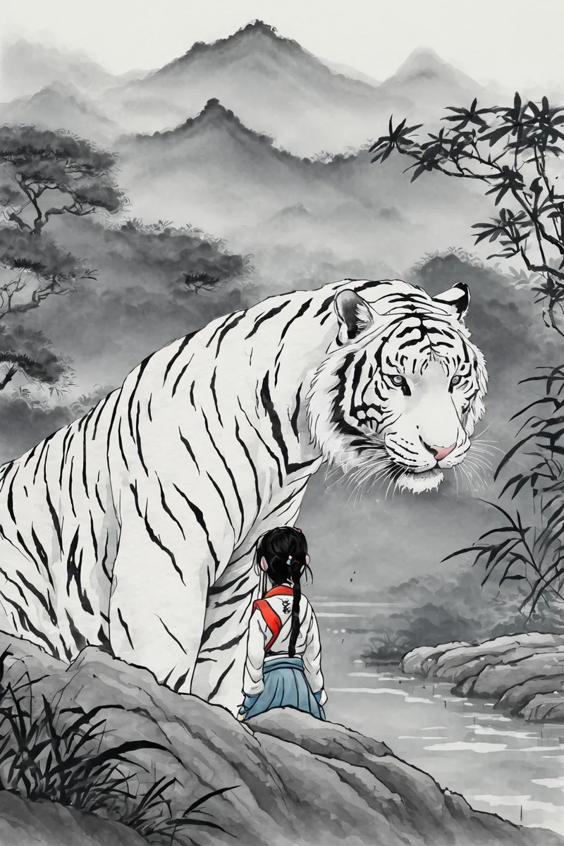 A white tiger and a girl in traditional clothing on a misty mountain background. AI generated image using stable diffusion.
