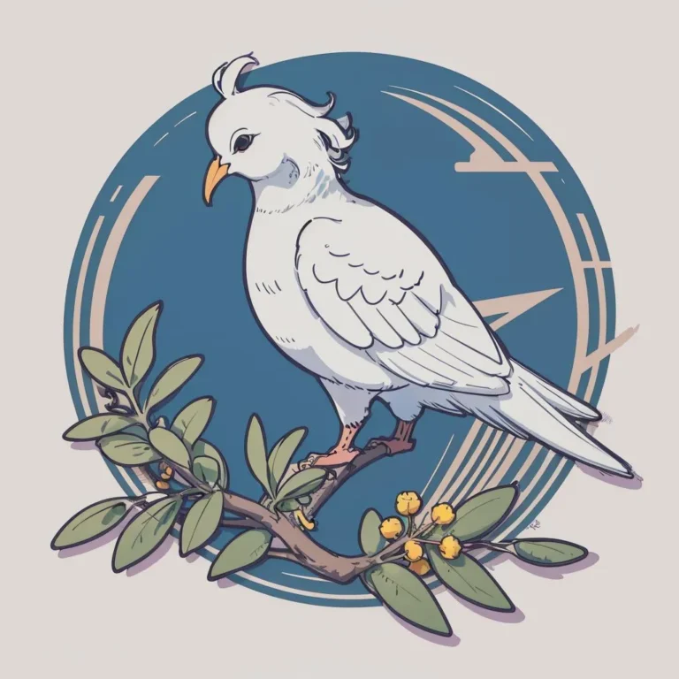 Illustration of a white dove perched on a branch with green leaves and small yellow flowers. AI generated image using Stable Diffusion.