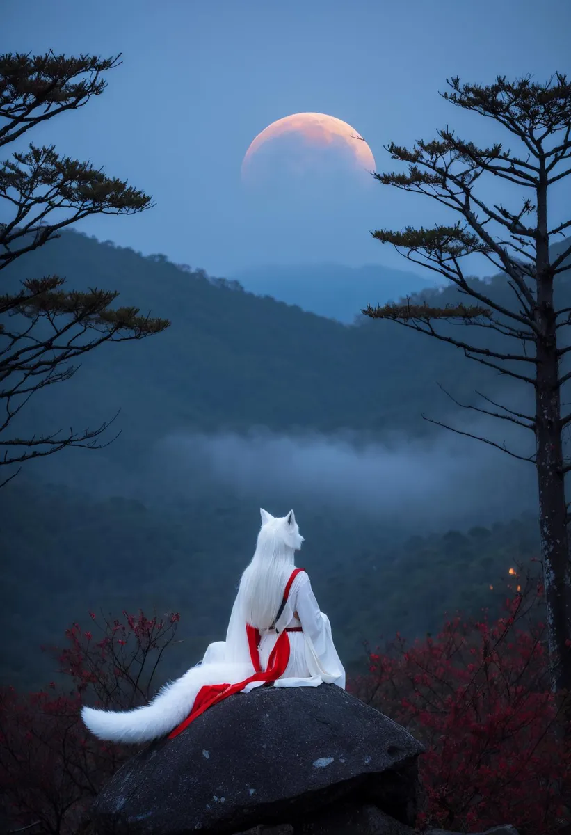 A majestic white fox spirit, AI generated using stable diffusion, with long flowing hair and traditional white and red attire, sits on a large rock under a moonlit night in the mountains, framed by tall trees.