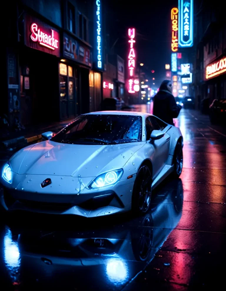 A white sports car parked on a neon-lit city street at night with a person standing nearby. AI generated image using Stable Diffusion.