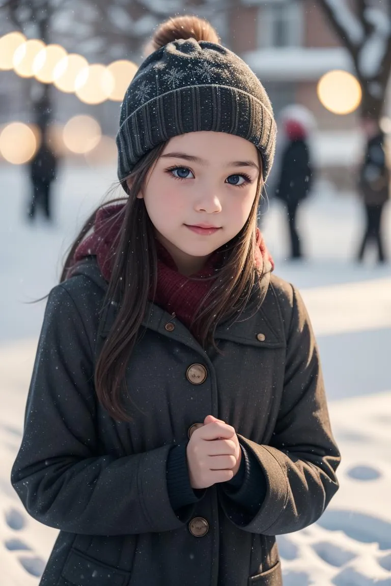 A young girl standing in the snow, bundled in a coat and hat, with a soft expression, AI generated using Stable Diffusion.