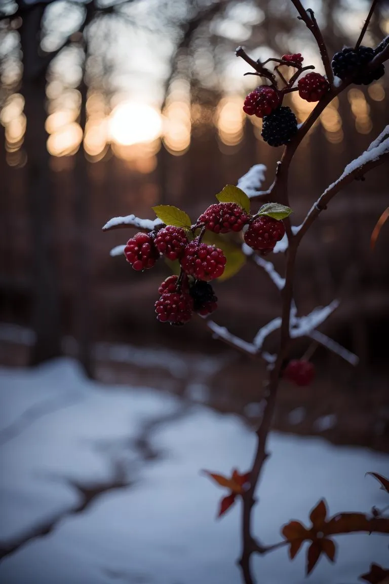A close-up of red and black berries on a branch with a backdrop of a snow-covered forest and a golden sunset, generated using stable diffusion.