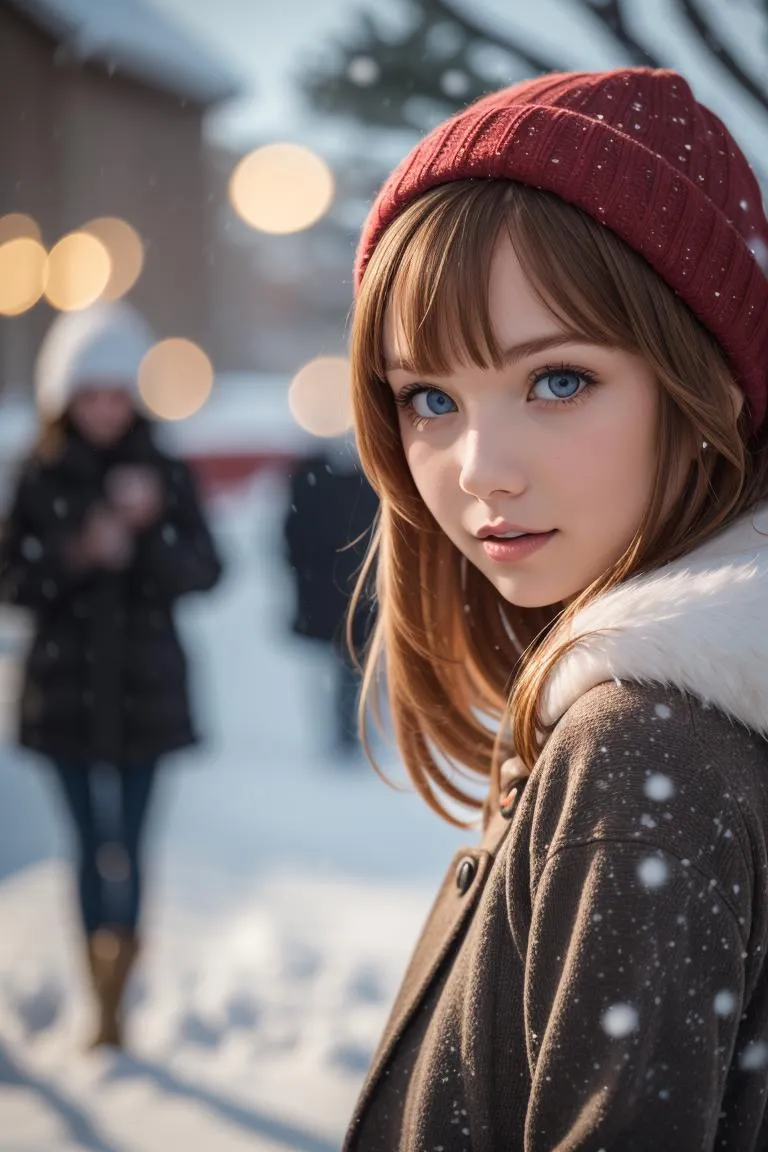 AI-generated image of a young woman with striking blue eyes, wearing a red knitted hat and brown coat with a fur collar, against a snowy outdoor background. Bright bokeh lights add to the wintry atmosphere.