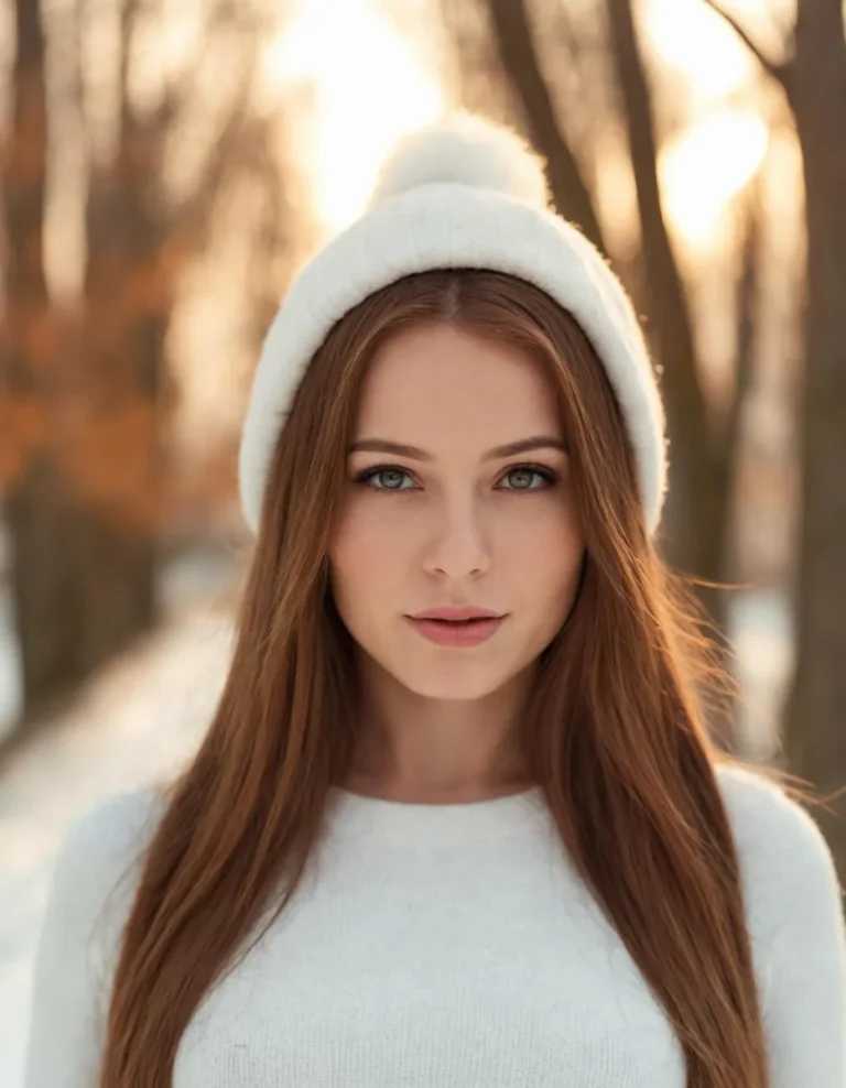 A winter portrait of a woman in a white beanie and sweater, set against a snowy, wooded background. This is an AI generated image using stable diffusion.