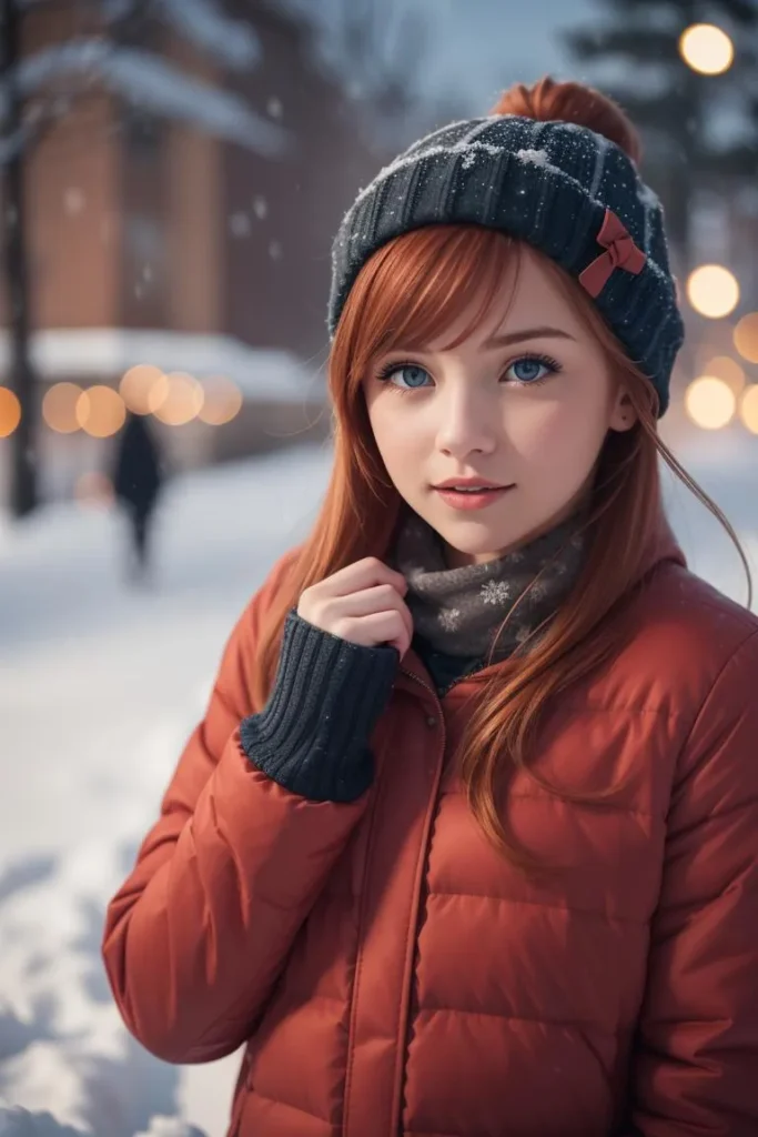 A young woman with red hair wearing a gray beanie and an orange jacket, standing on a snowy street. AI generated image using Stable Diffusion.