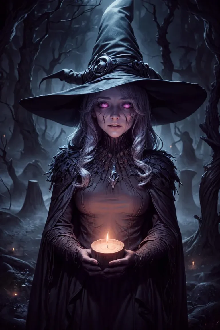 AI-generated image of a witch with glowing pink eyes holding a candle in a dark forest, created with Stable Diffusion.