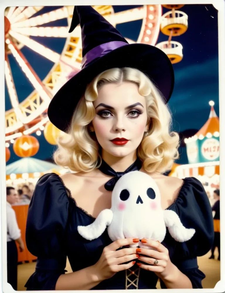 Elegant woman in witch costume holding a plush ghost at carnival, AI generated image using stable diffusion.