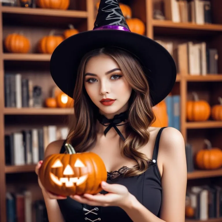 A woman dressed in a black witch costume holding a carved pumpkin, surrounded by books and pumpkins in the background. This is an AI generated image using stable diffusion.