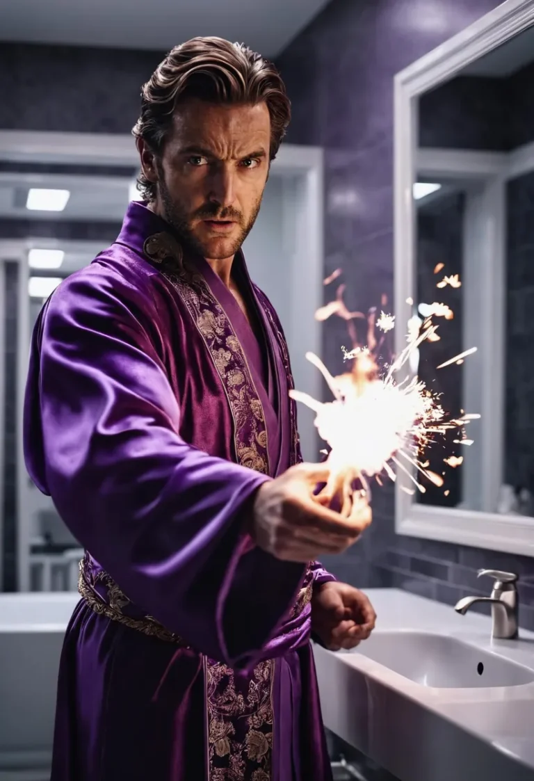 Wizard in purple robes casting magic spell in a modern bathroom, created with AI and stable diffusion.