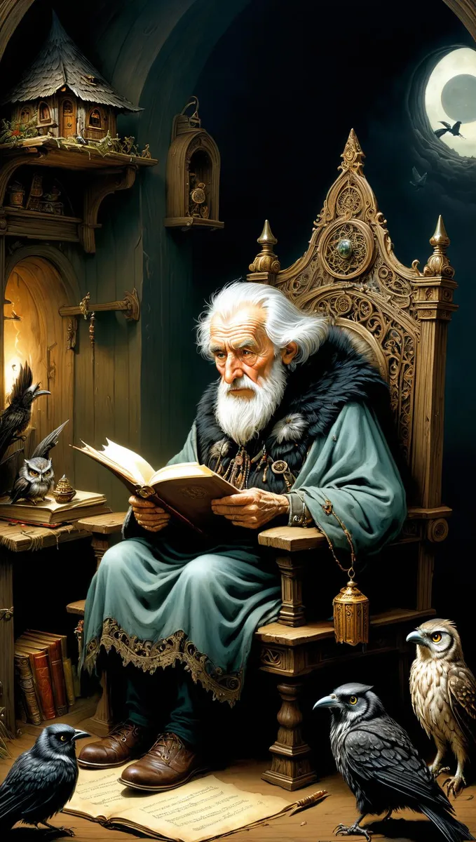 An AI generated image using stable diffusion depicting an elderly wizard with a white beard and long robes, sitting on a grand wooden throne, surrounded by ravens and an owl, under a moonlit night.